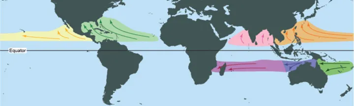 A map of the hurricane basins around the globe