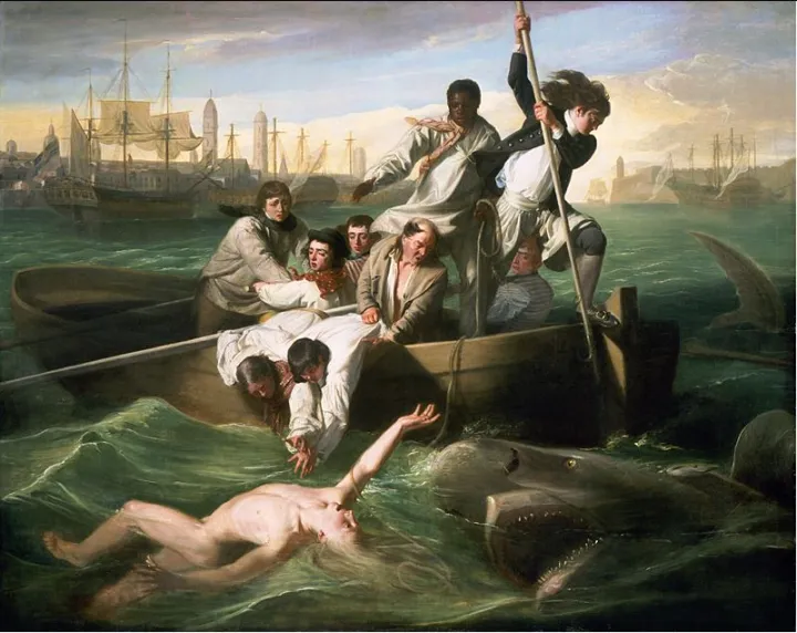 A painting of a shark attacking a man