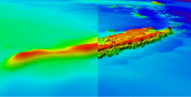 An older map of the Gulf of Mexico seafloor (left) beside a high resolution map of the same area of seafloor created using the data from the MDBC mapping project (right).