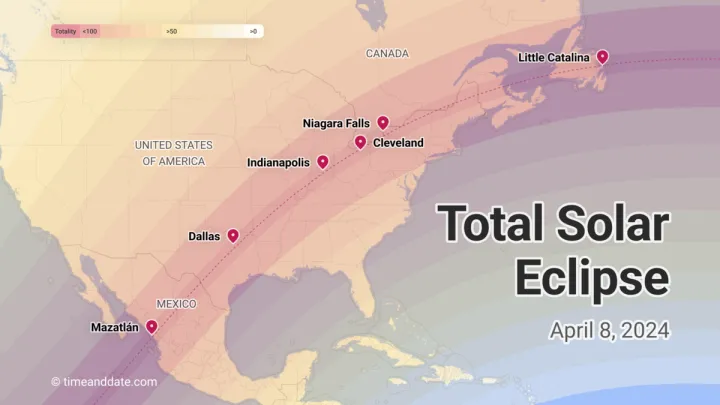 A colorful map depicting the path of the April 8 solar eclipse. 