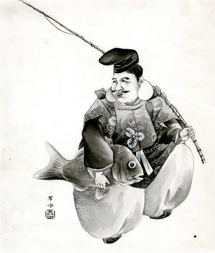 a black and white drawing of a Japanese fisherman holding a fishing rod and fish