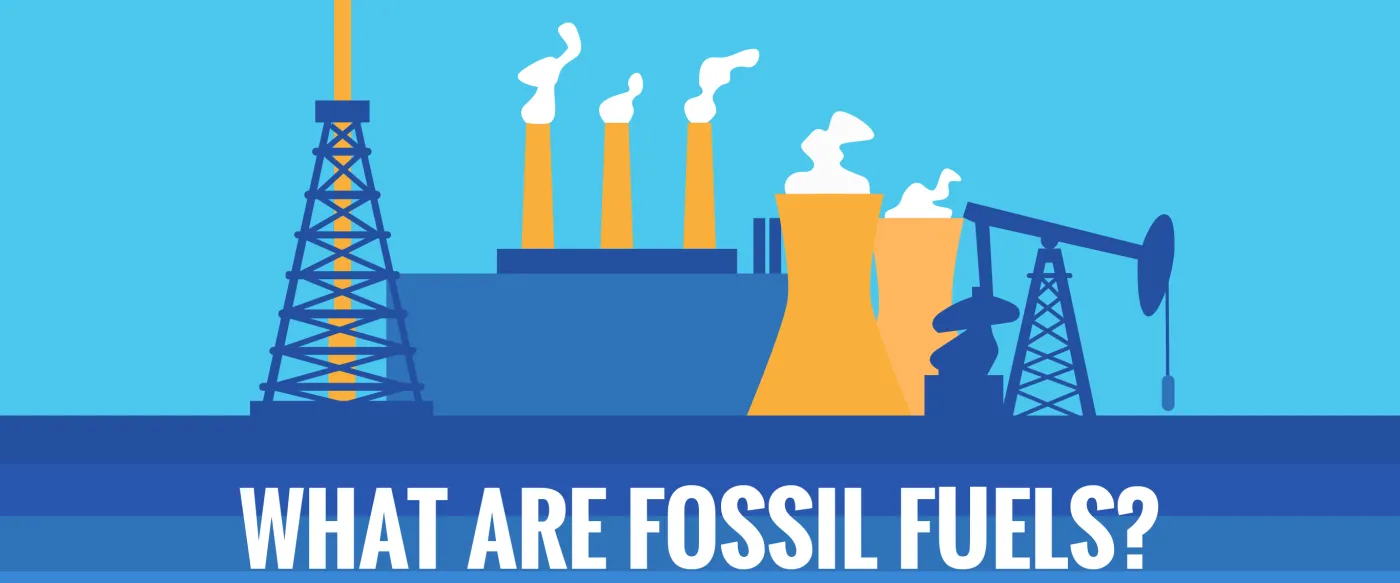 What Are Fossil Fuels? Graphic of oil rigs, refineries, and power plants.