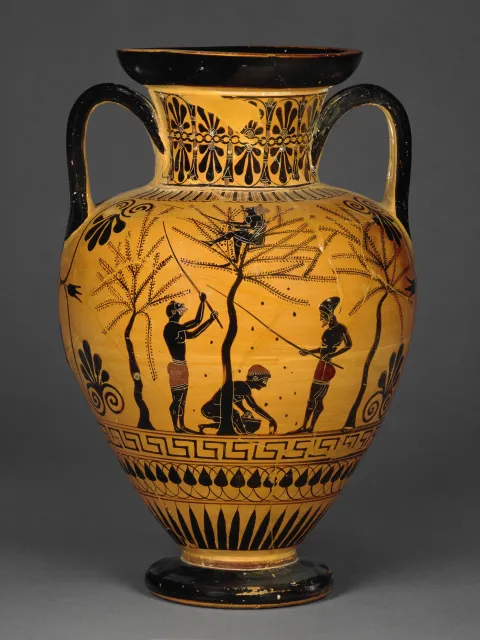 an orange pottery with greek artwork of men gathering olives from a tree