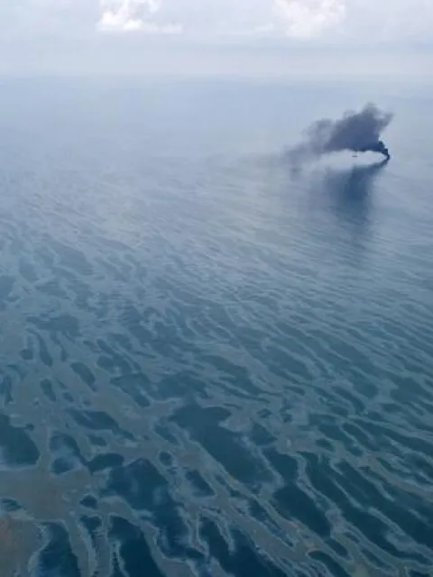 Oil slicks across a vast amount of the sea, a controlled burn occurs in the distance. 
