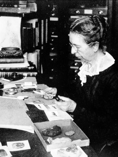 A woman looking at specimens at her desk