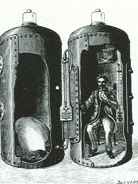 a sketch of a man inside an early hyperbaric chamber